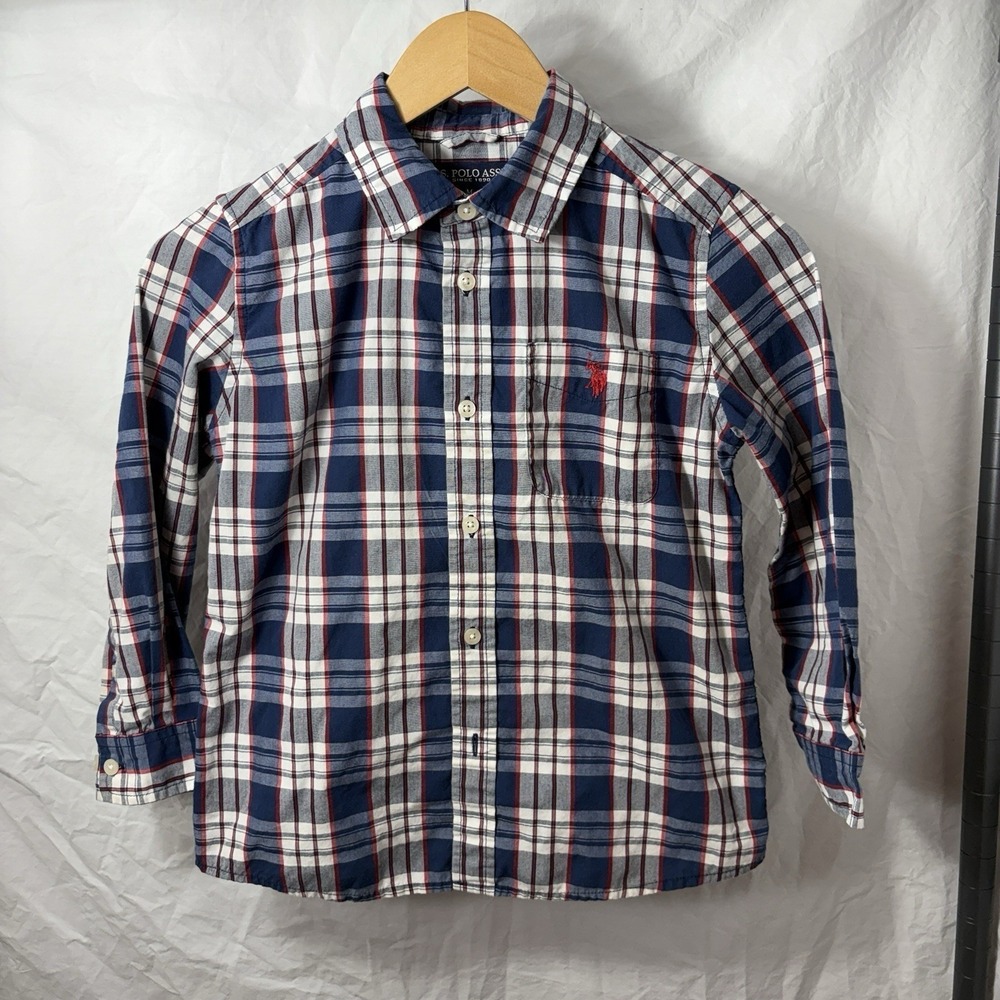 U.S. Polo ASSN Red White & Blue Plaid Long Sleeve Shirt Boys Medium‎